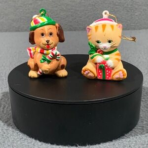 W.A. 1985 Hong Kong Christmas Ornaments Vintage Cat Dog PVC Set Holiday Kitsch